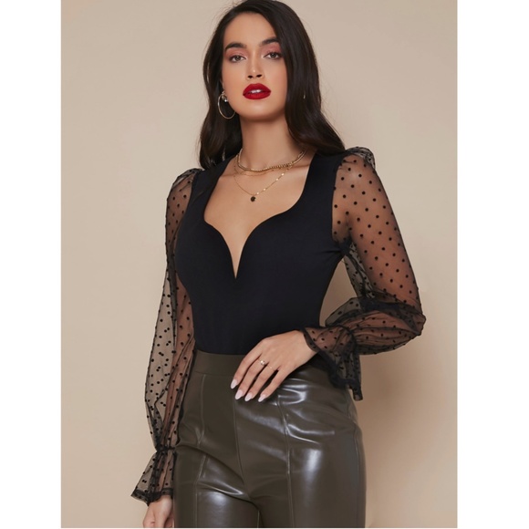 Deep V Sheer Sleeves Black Top - Picture 3 of 12